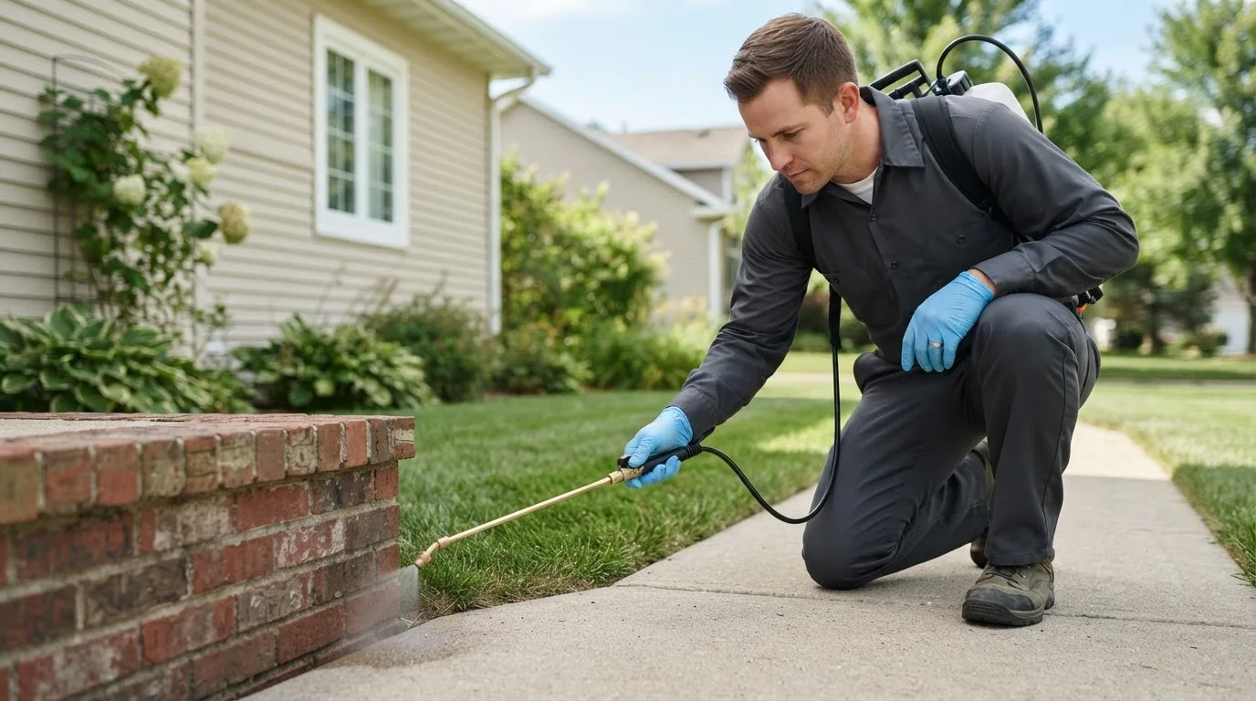 Pest control technician treating a home near Vanderbilt, TX