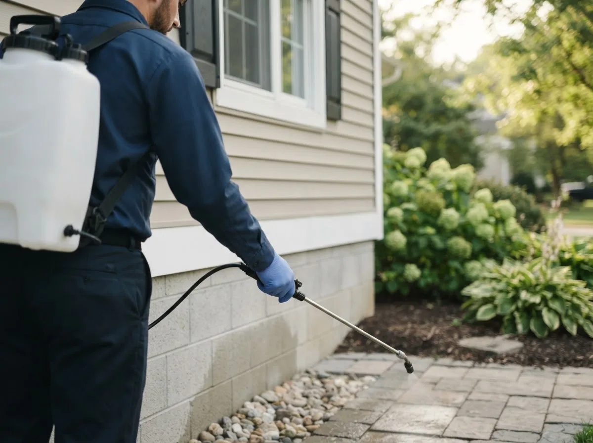 Pest control technician inspecting a home in Vanderbilt, TX